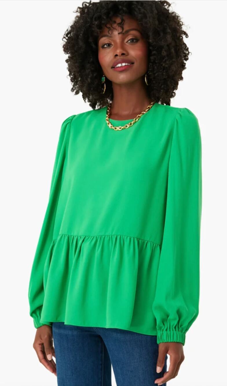 Pomander Place Bright Green Peplum Long Sleeve Blouse Xsmall